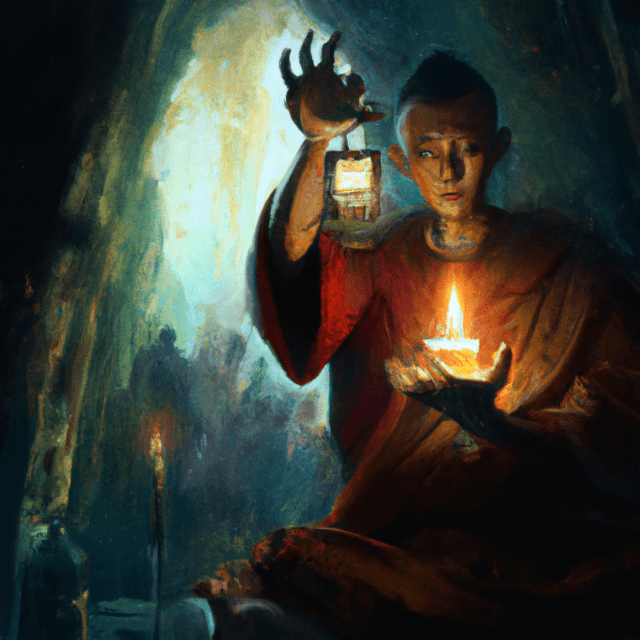 Siamese Sorceror performing Incantations in a dark cave with low candlelight, with a skull in his outstretched hands