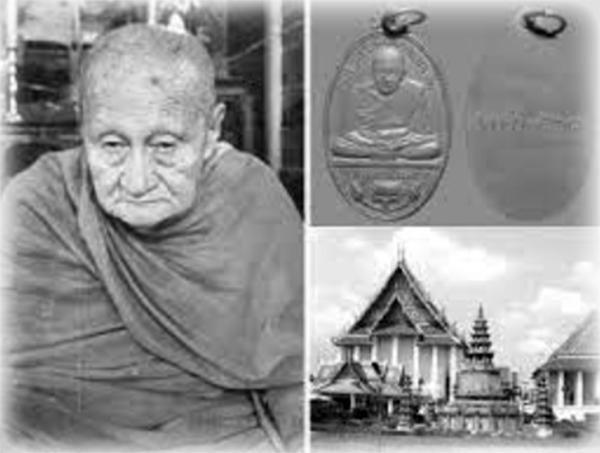 Black and White Photo of Luang Por Seng and Rian Roop Khai Amulet, and picture of Temple of Wat Kanlayanamit
